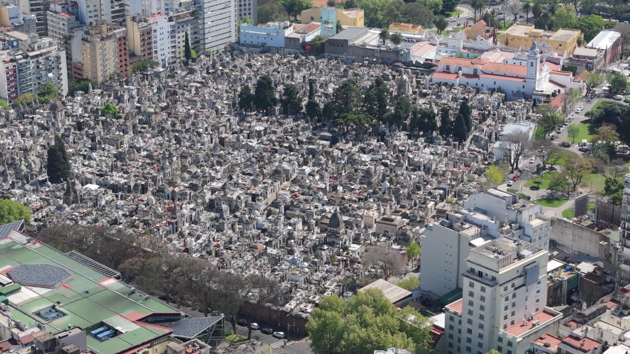 Flying over Recoleta Cemetery mausoleum in Buenos Aires, Argentina