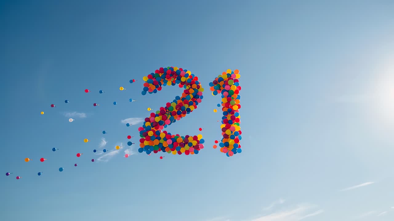 Drifting cluster of helium balloons forming number 21 under bright sun, trailing stream from breeze