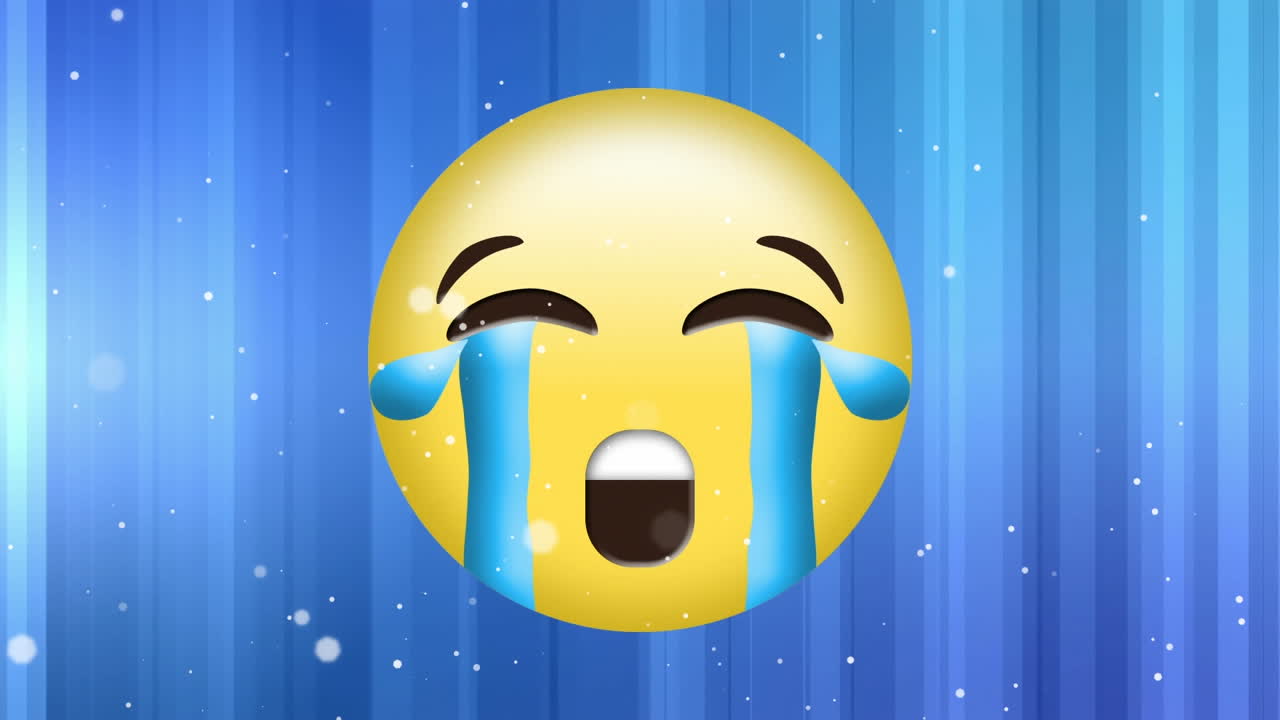 파란색 줄무 ⁇  바탕에 울고 있는 이모지 위에 움직이는 빛의  ⁇  반점의 애니메이션