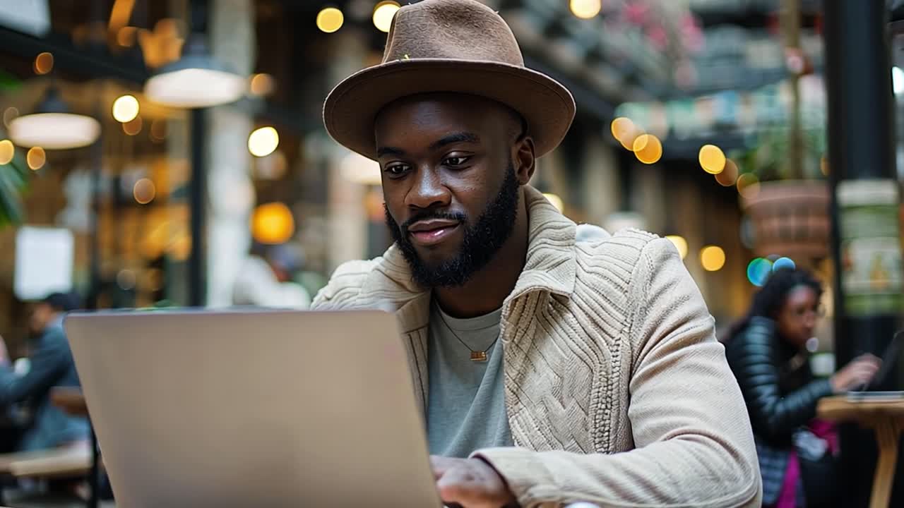 Man working on laptop at an outdoor cafe