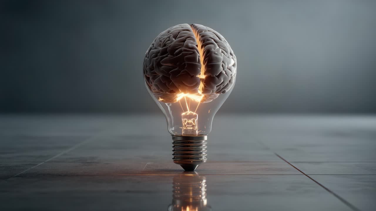 Innovazione illuminata: una fusione concettuale di creatività umana e tecnologia raffigurata attraverso una lampadina con un design realistico del cervello.