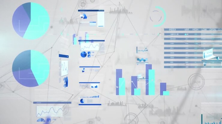 Animation of network of connections and statistical data processing against grey background