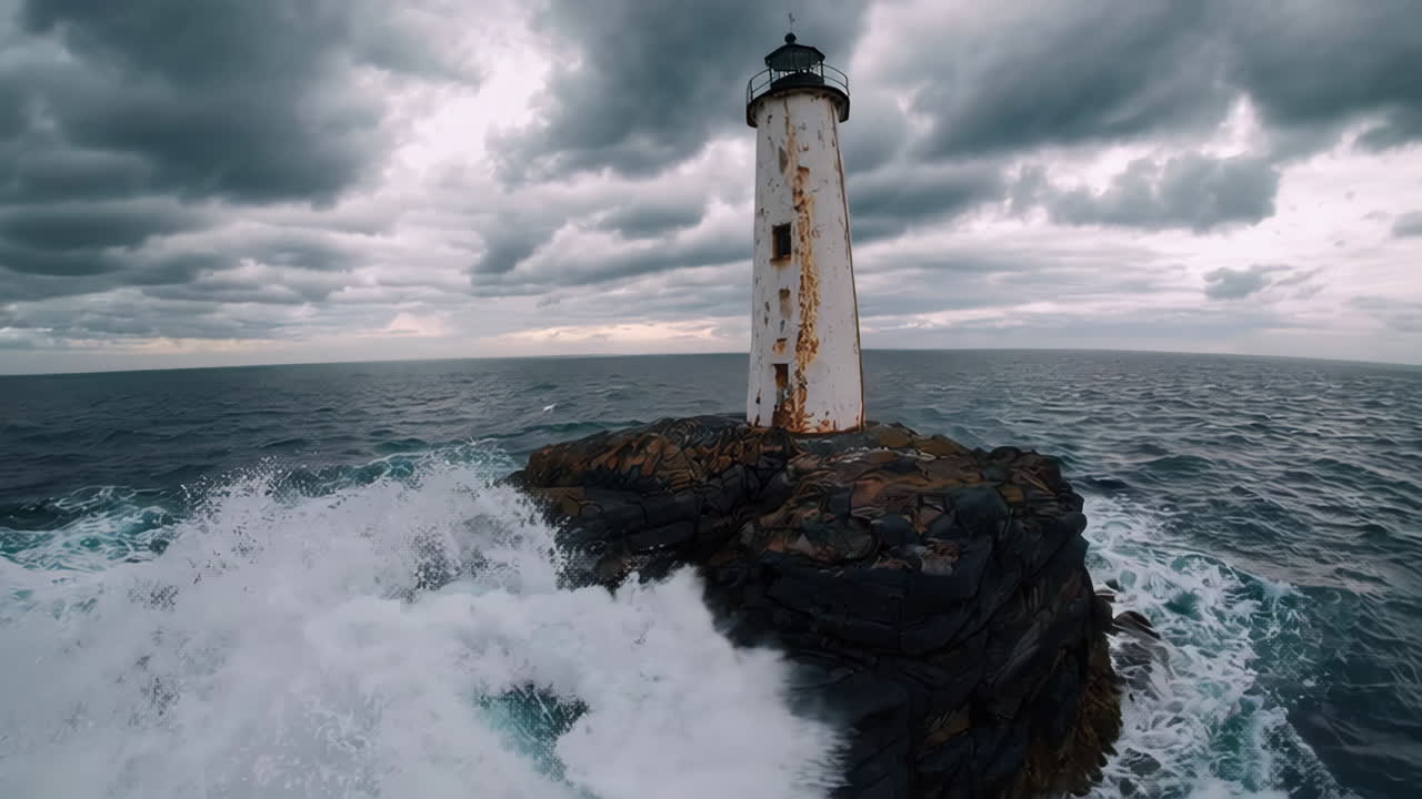 Lighthouse on a Rocky Island During a Storm