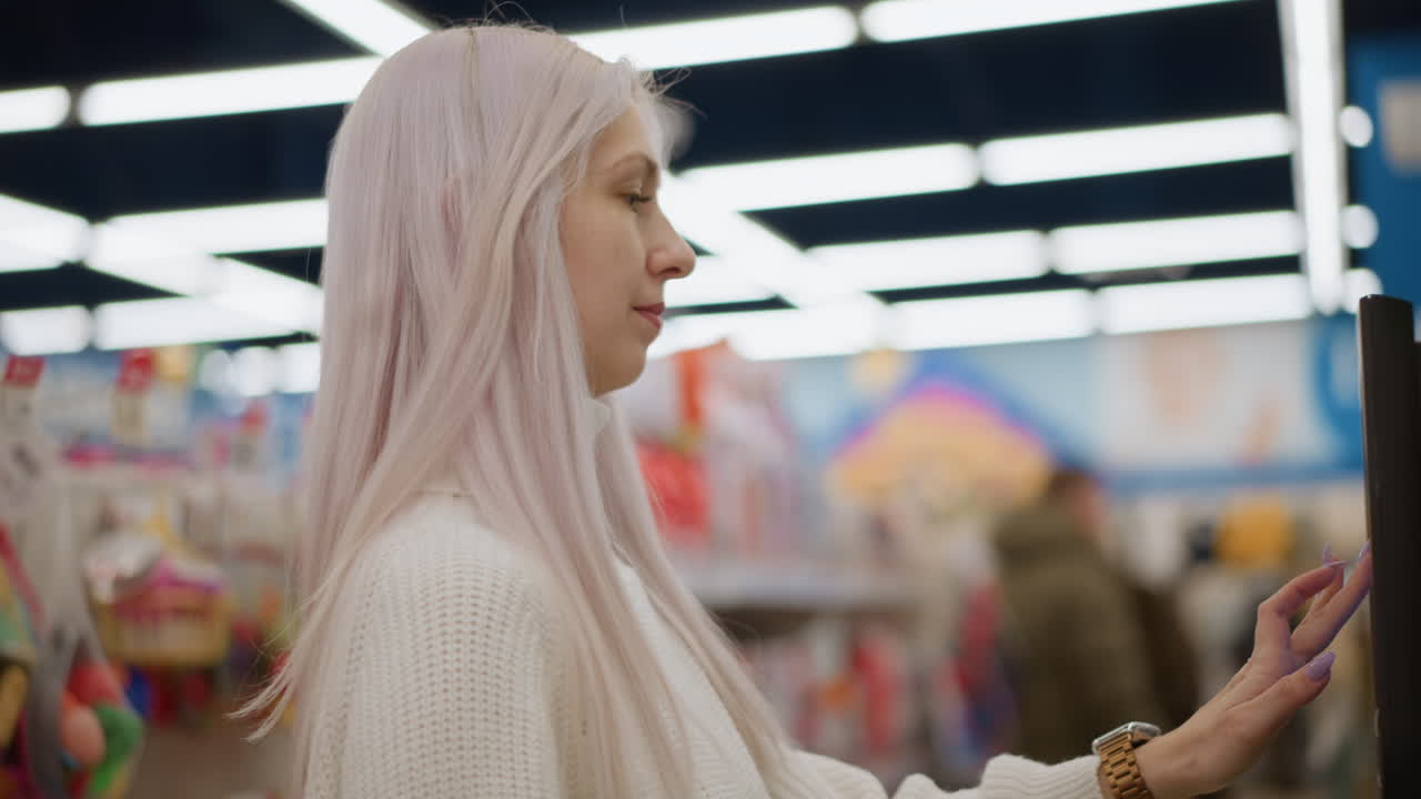Expectant mother taps touchscreen kiosk with long painted nails in brightly lit retail store, strolling along aisles and interacting with digital display for product price and information