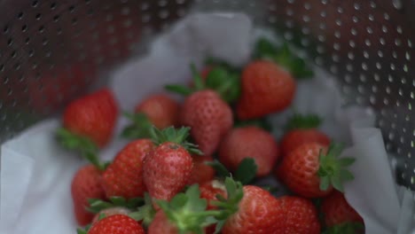 fresas recién cosechadas que se colocan suavemente en un recipiente de metal, filmadas en cámara lenta como primer plano