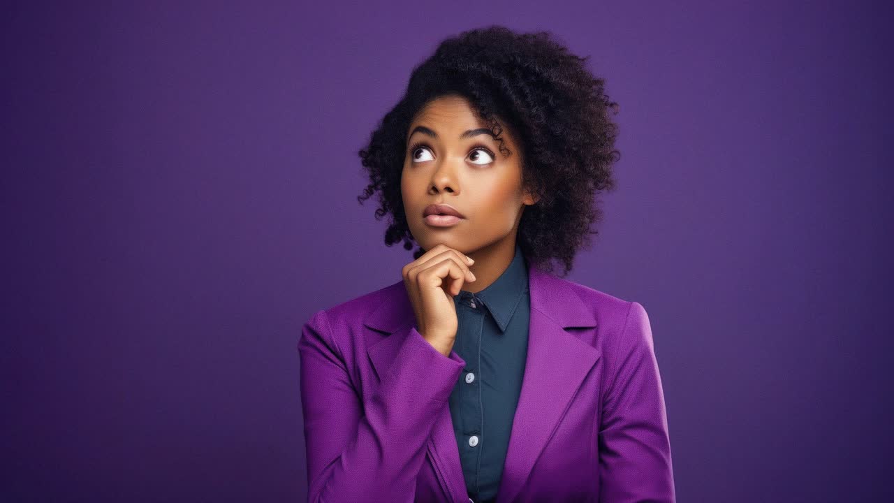 A thoughtful woman in a purple blazer, shot from a medium angle against a purple backdrop