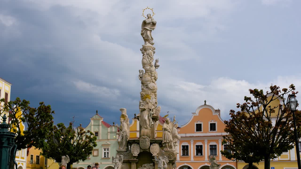 Artistic modern architecture at town square at telc, Jhilava, Czech Republic, cloudy sky
