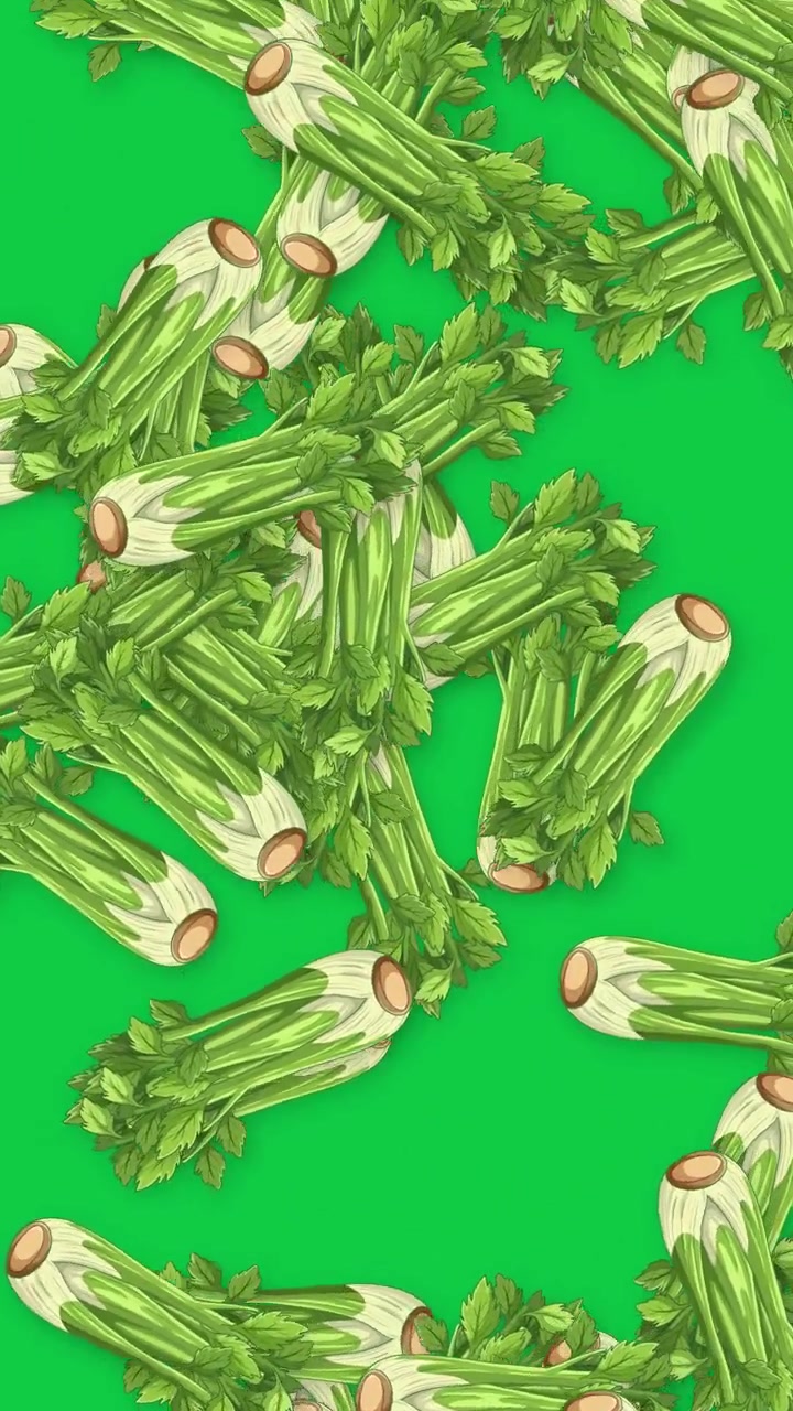 Fresh celery stalks fall vertically against a solid green backdrop in a seamless loop.