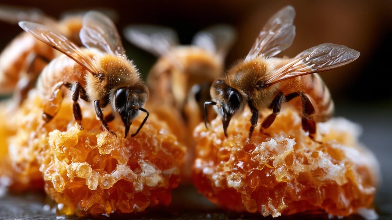 Un incontro ravvicinato con api operose che raccolgono nettare e impollinano su un magnifico favo, mostrando l'intricata bellezza della natura e l'importanza dell'ecosistema.
