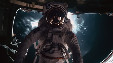 an american astronaut in a space suit floating into a spaceship air lock dock on a space station spacecraft