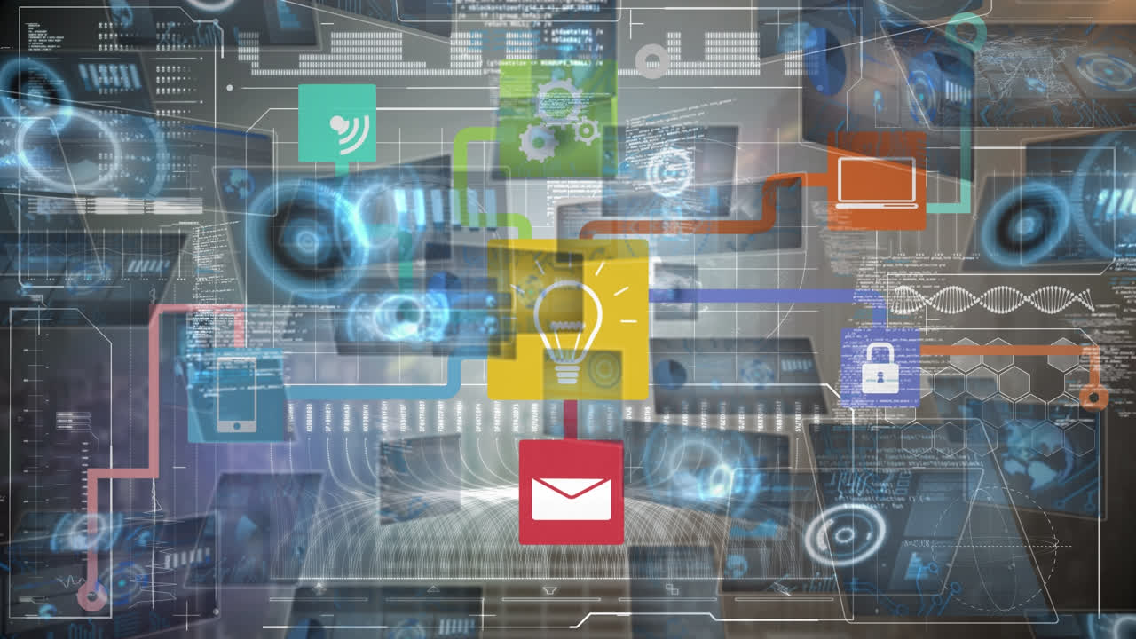 움직이는 디스플레이와 컴퓨터 아이콘으로 흐름 차트의 그래픽 인포그래픽 인터페이스의 애니메이션