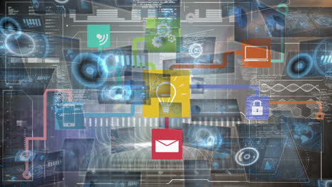 Animation-of-graphical-infographic-interface-with-moving-displays-and-flow-chart-with-computer-icons