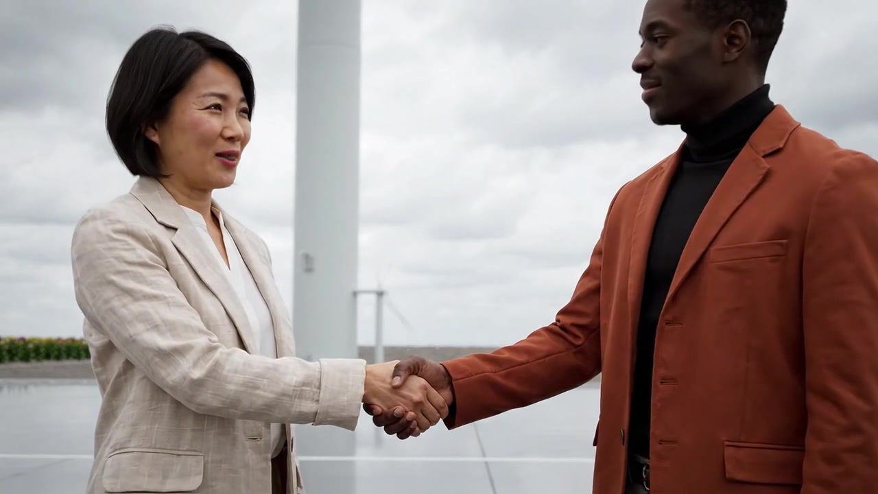 Two professionals engage in a meaningful handshake, symbolizing partnership and collaboration in a modern outdoor environment with wind turbines in the background.