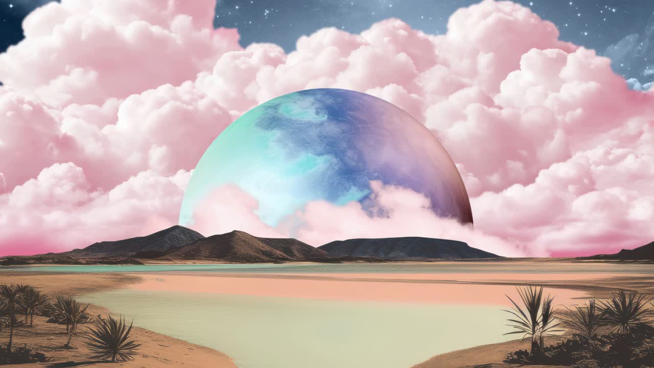 Surreal landscape with a large planet and pink clouds. Wide-angle view captures a dreamlike scene
