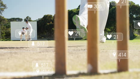 Cricketer walking on field with social media notifications overlay animation