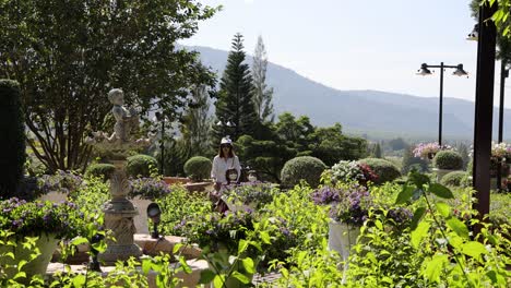 people strolling through a lush garden landscape