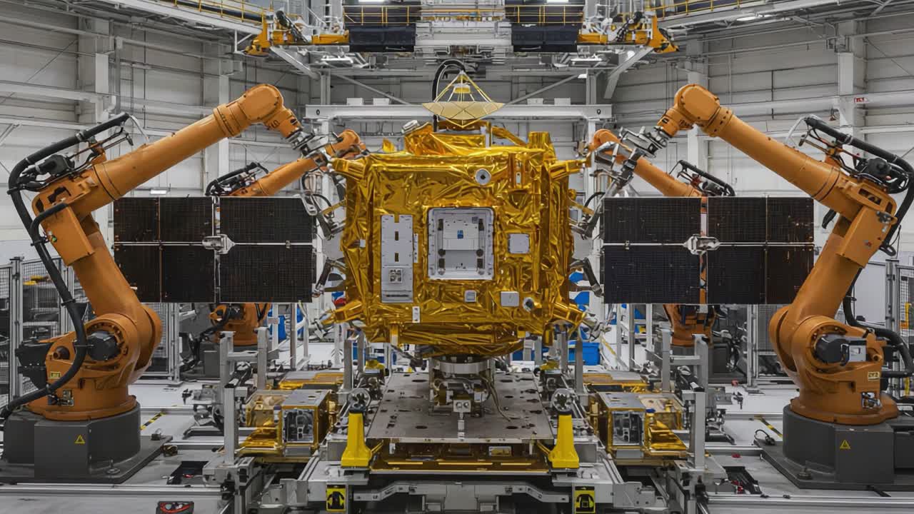 Advanced Robotic Arms and High-Technology Spacecraft Assembly in a High-Tech Facility with Intricate Configuration and Precise Engineering Practices Demonstrating Innovation