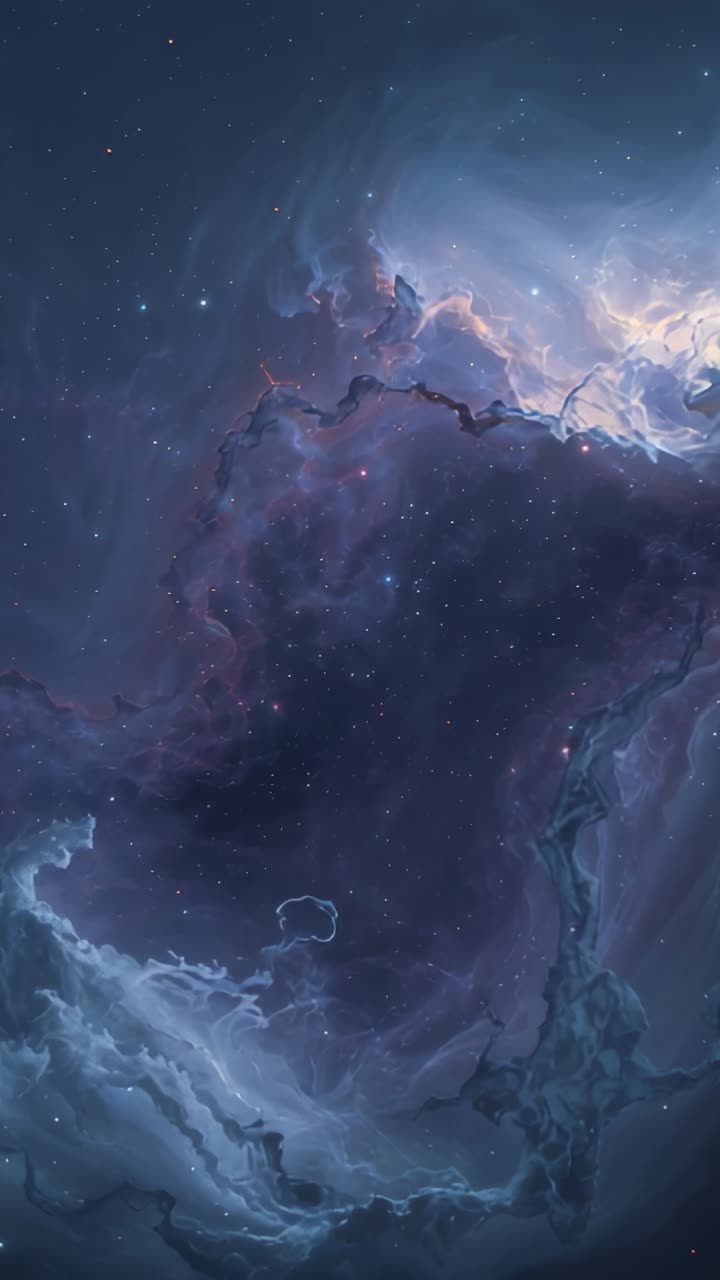 Vertical video: Panning view upward across nebula clouds in space, revealing glowing region, stars