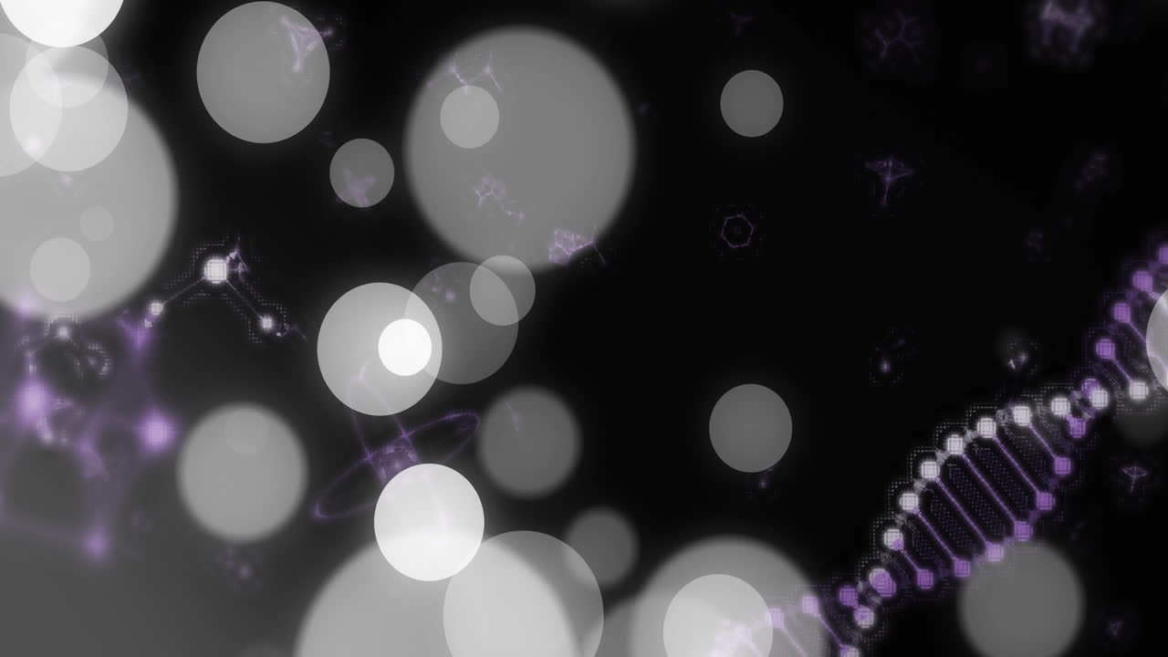 Animation of DNA strand and glowing circles with abstract patterns in background