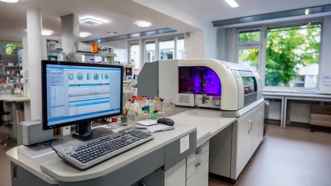 Advanced Medical Laboratory Featuring State-of-the-Art Analyzers and Data Management Systems for Efficient Diagnostic Processes in a Bright and Organized Environment