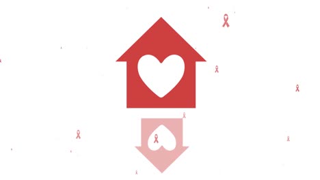 animation of house with heart and cancer ribbons icons over white background