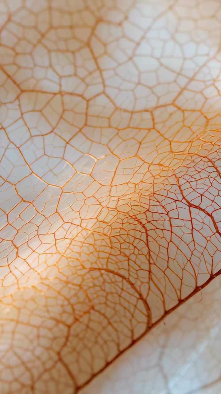 Video verticale: ampia macro camera che inizia una panoramica rivelando uno scheletro di foglia su un tappetino con luce calda
