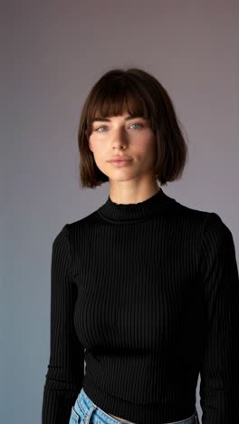 portrait of a woman with a bob haircut and bangs, captured in a close-up, eye-level angle