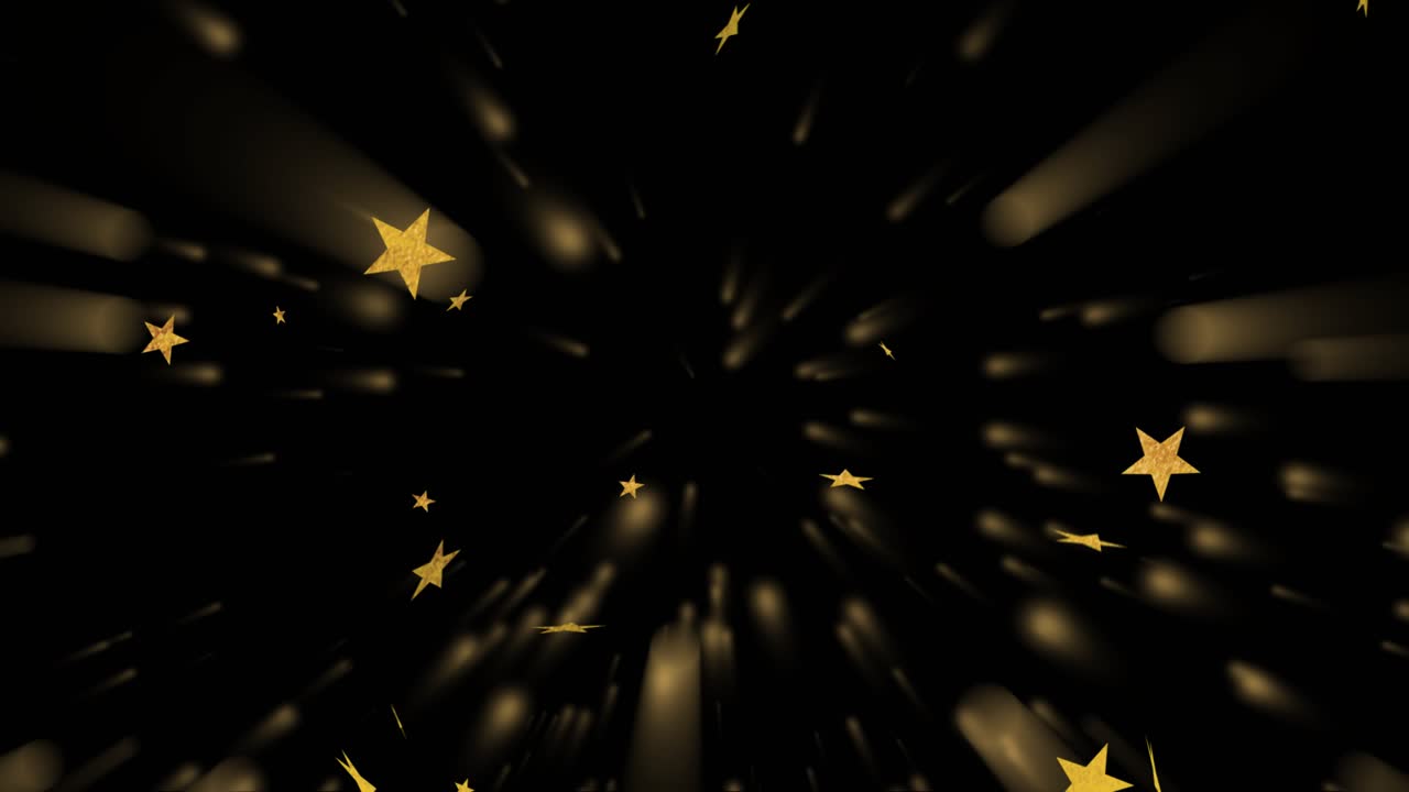 Light beams bursting near center launching gold star shapes outward expanding field showing depth