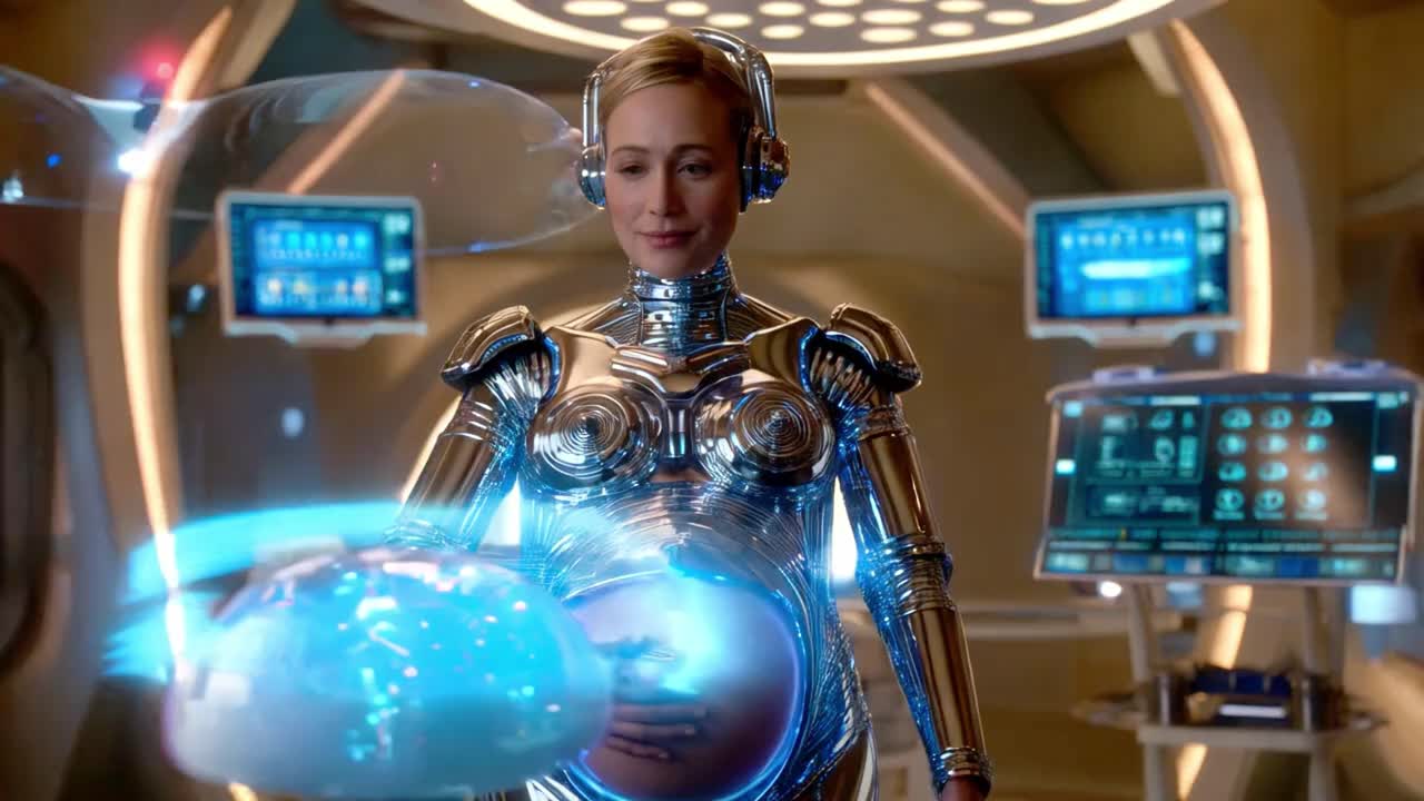 Pregnant Robot Woman in Futuristic Setting
