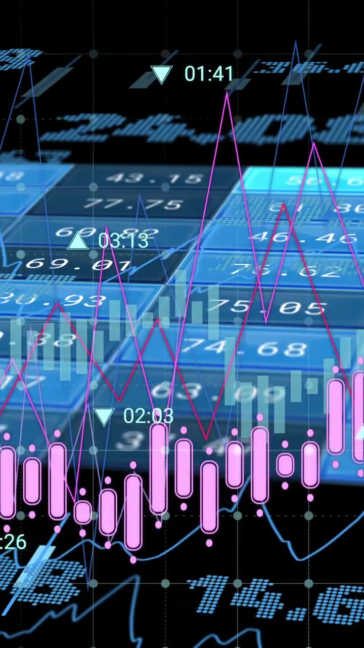 Animation of financial data processing on screens over black background