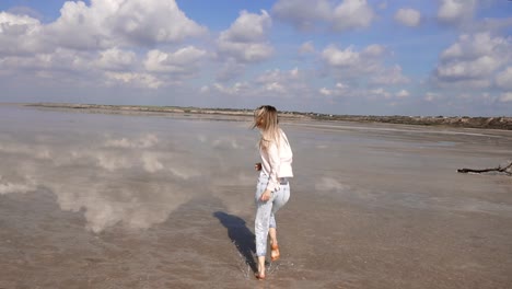 girl by the lake on the shore, running and walking on shore making fun - mirror reflection sky