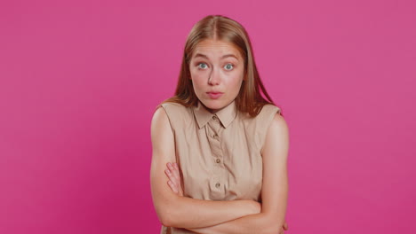 woman reacting to unpleasant awful idea, dissatisfied, wave hand, shake head no, dismiss idea