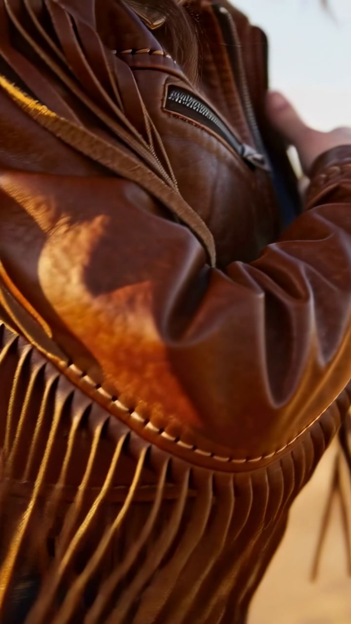 Vertical video: Tugging brown jacket, woman holding fringe as breeze lifting in sun with zip pocket