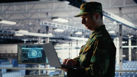 soldier in server hub using laptop to deploy ai tech, modernizing defense