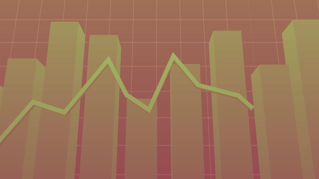 Animation of statistical data processing over grid network against pink gradient background