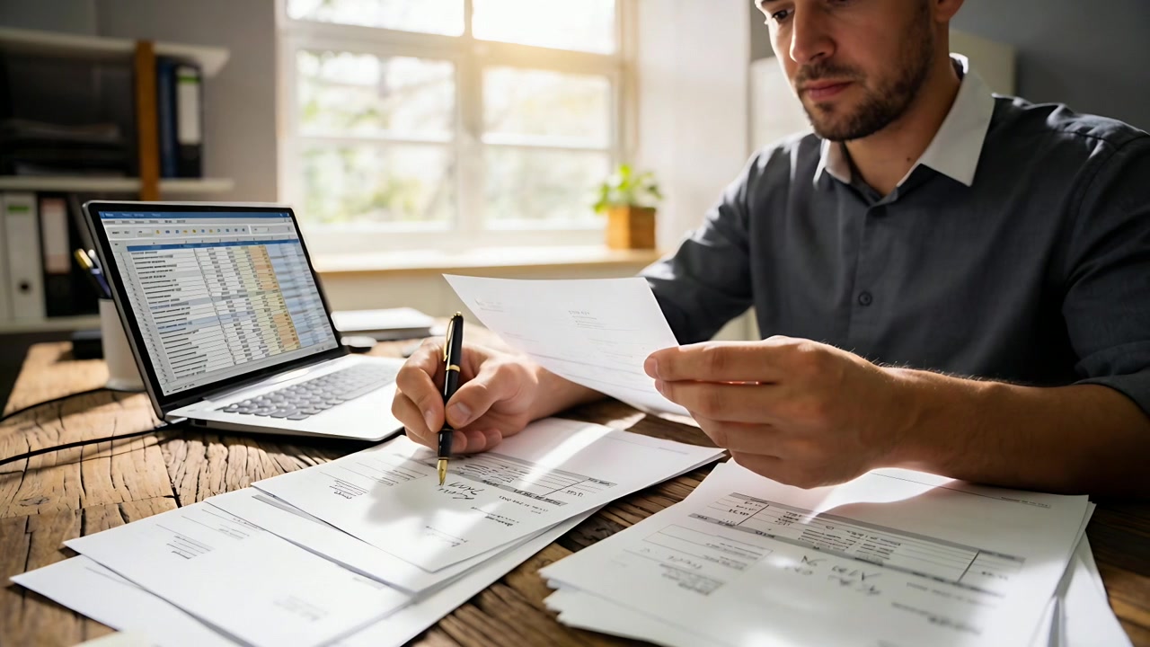 Picking up sheet, man in collared shirt marking forms at wooden desk, checking data on laptop