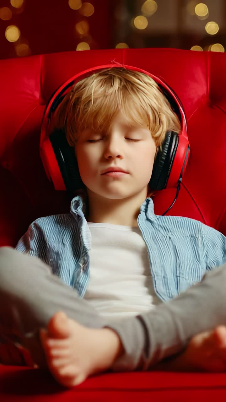 A peaceful moment captured in two frames, showcasing a young boy relaxing in a cozy red chair, wearing headphones, eyes closed, fully immersed in his music while surrounded by a softly lit ambiance