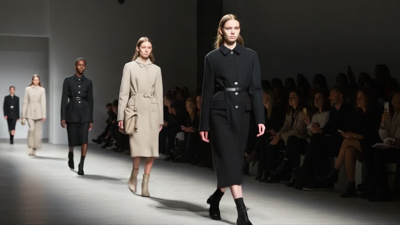 Modeshow på catwalken med elegante modeller i smarte outfits, der fanger publikum med stilfulde designs og sofistikeret æstetik.