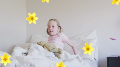 animation of flowers over caucasian girl waking up