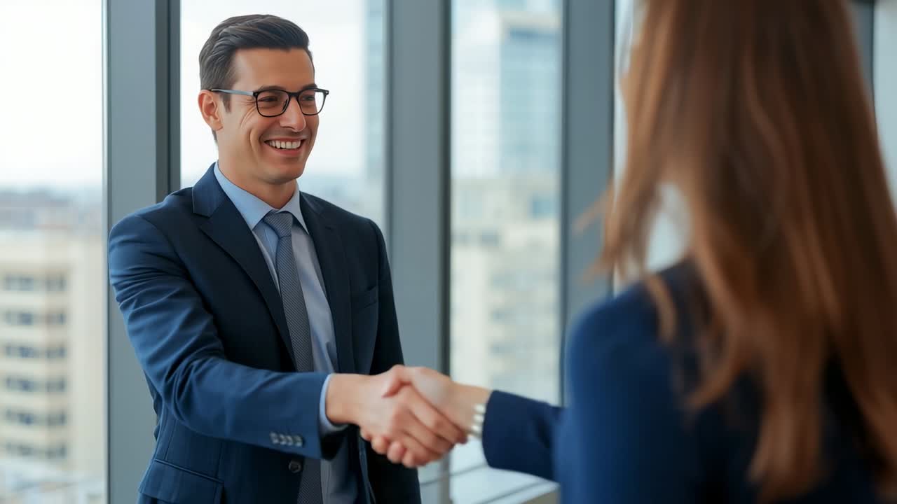 Entering frame from left man in navy suit shaking hands by office window, with handshake greeting