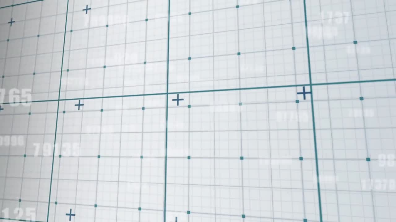 Animation of multiple changing numbers over grid network against grey background