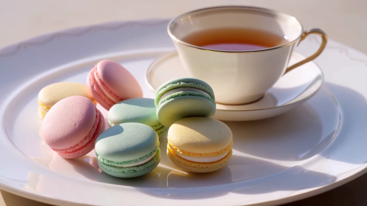 Pastel Macarons And Tea Cup On White Porcelain Plate Bathed In Soft Sunlight, Goldrimmed China Cup Filled