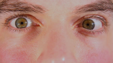 close up of man's eyes suddenly opening and looking around in fear