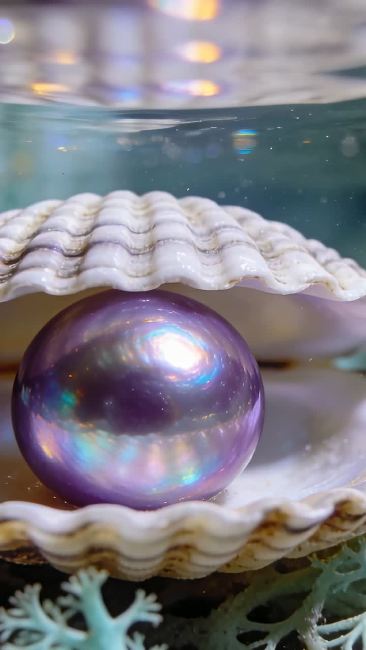 Video verticale: Perla viola che ondeggia, trasportata da piccole correnti d'acqua in una vasca, con una conchiglia di capasanta