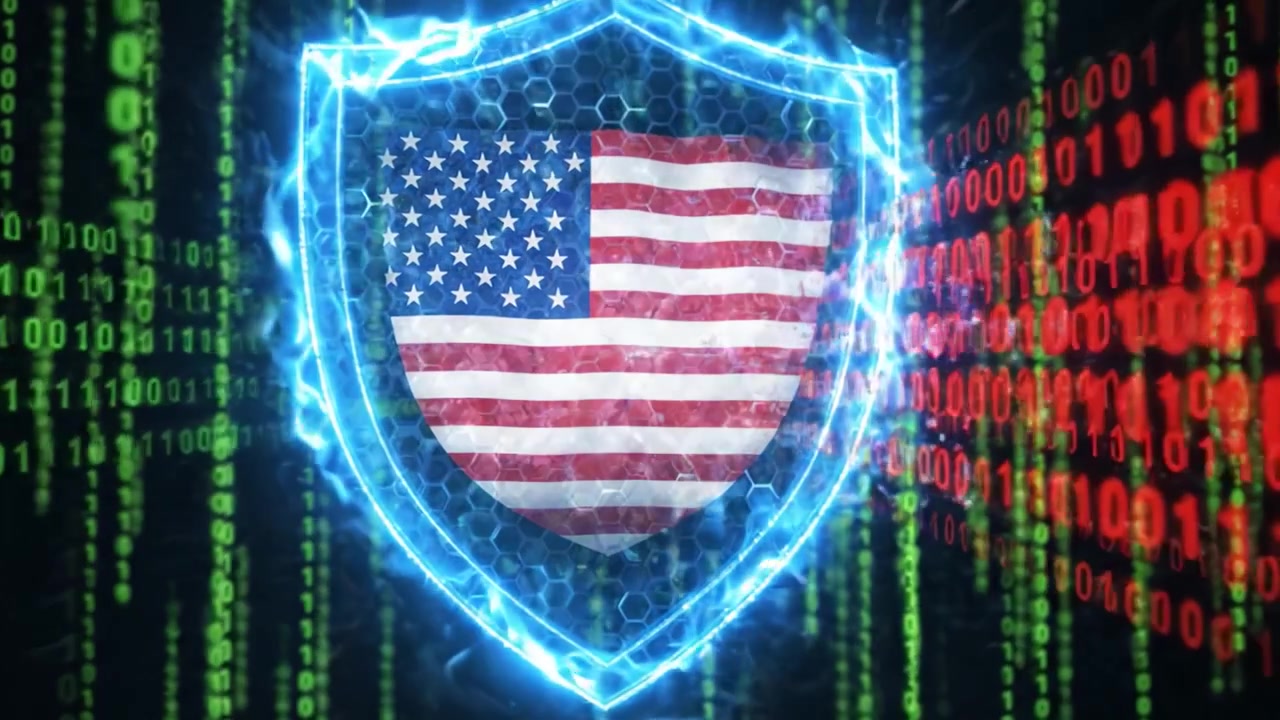 A Visual Representation of Cybersecurity: A Shield Displaying the American Flag Surrounded by Green Binary Code Representing Digital Protection and Information Security