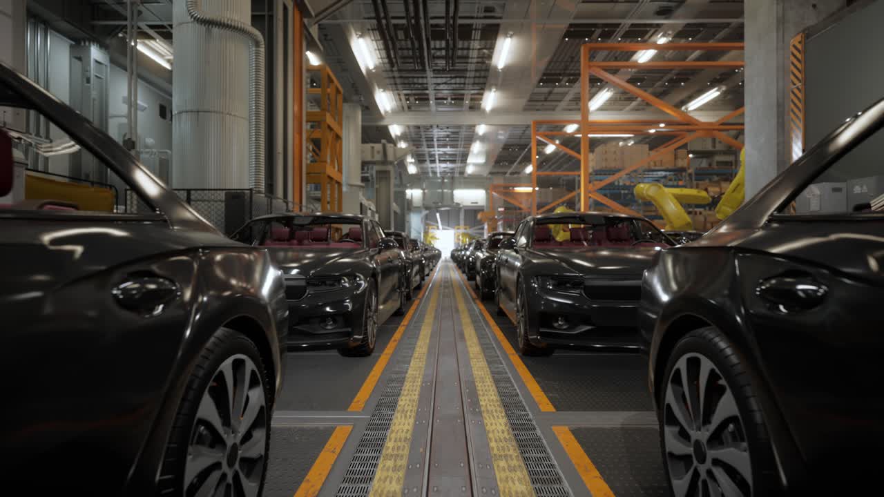 interior de la fábrica de automóviles. carrocería de color negro en una línea de ensamblaje de automóviles planta industrial, fábrica de automóbiles, instalación de fábrica de producción de automóviles