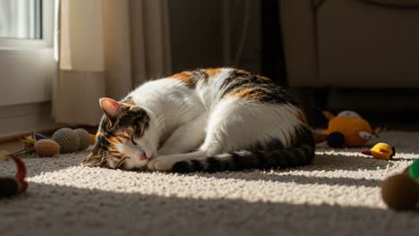A Cozy Cat Enjoys a Peaceful Nap on a Soft Carpet Surrounded by Colorful Toys in a Sunlit Room, Epitomizing Feline Comfort and Tranquility