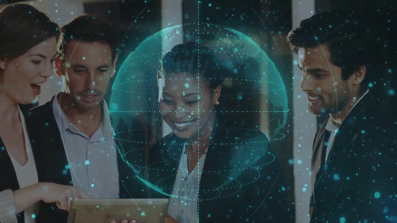 Business group gathering around tablet, tapping and pointing, activating teal AR globe for insight