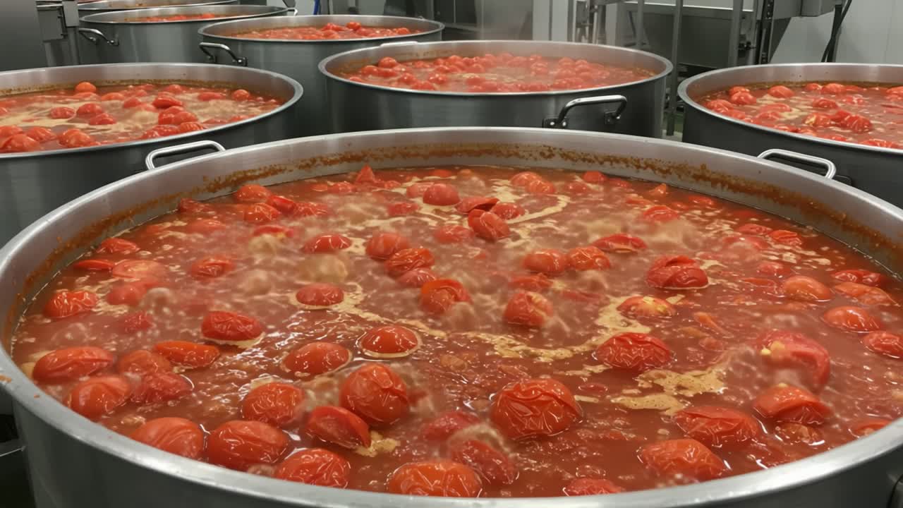 Large Batches of Tomatoes Cooking in Industrial Pots, Featuring a Vivid Red Sauce Beginning to Simmer to Delicious Perfection in a Commercial Kitchen Environment