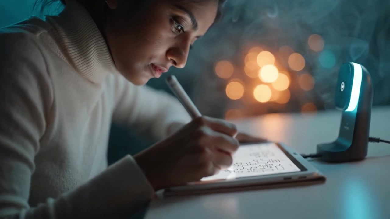 Intense focus op creatief schrijven: een jonge vrouw werkt met een digitale tablet in zachte verlichting, inspiratie opdoend te midden van een dromerige sfeer.